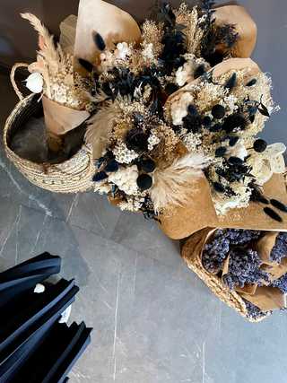 Bouquets of dried flowers at AM Coffee Studio