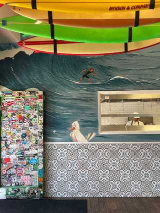 A colourful kitchen hatch at Taco Surf at Pacific Beach