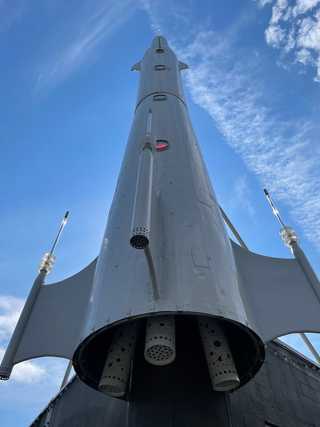 A sculpture of a Cold War era rocket