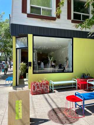 A colourful off-street terrace of a local cafe