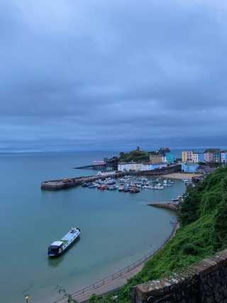 Tenby Harbour from high above during dusk