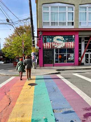 Colourful rainbow crossing at Pike Street
