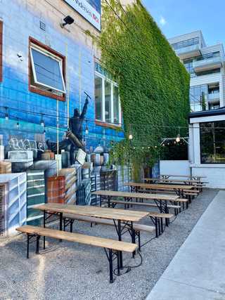 A blue hued terrace in Roncesvalles neighbourhood