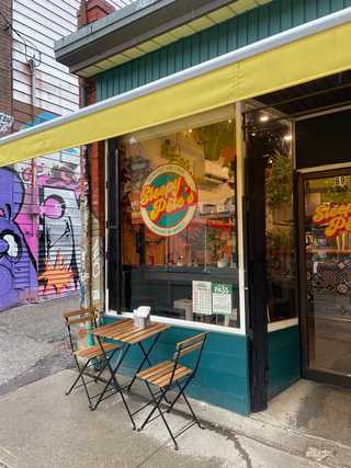 An outside table of a local breakfast restaurant