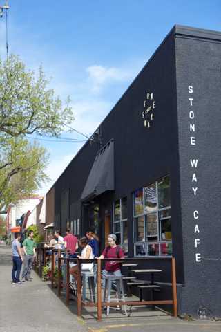 A bustling cafe terrace